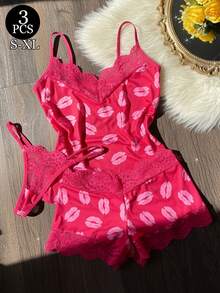 Sexy Lips Print Patchwork Rose Red Lace Deep V Neck Camisole With Bikini Panties And Thong 3 Pieces Loungewear Sleepwear Set - Hot Pink - View 5