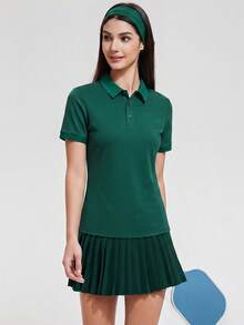 KyrLssu 女款素色領口短袖 Polo 衫，女款匹克球高爾夫網球運動套裝，休閒夏季 T 恤，適合健身、戶外、日常工作 - 綠色 - 查看 1