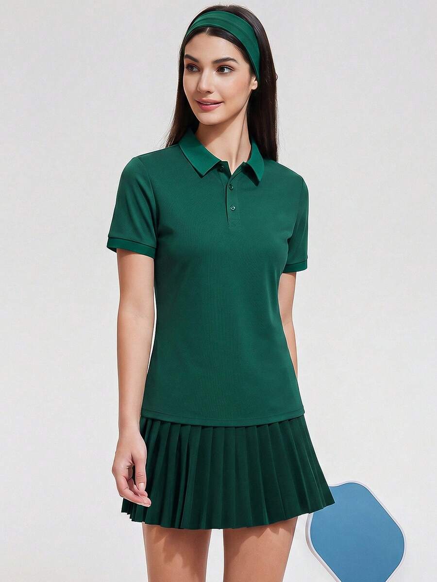 KyrLssu 女款素色領口短袖 Polo 衫,女款匹克球高爾夫網球運動套裝,休閒夏季 T 恤,適合健身、戶外、日常工作 - 綠色 - 查看 1