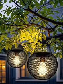 Vintage Black Mesh Sphere Solar Pendant Light, Waterproof LED Solar Hanging Lamp, Automatic Light Control Iron Cage Lantern, Suitable For Garden, Patio, Yard, Balcony, Lawn, Wedding, Christmas Outdoor Decor, Solar Powered Lighting Gift - 1Pc Black - View 6