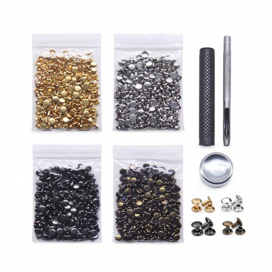 400 Sets Leather Rivets, Double Cap Tubular Rivets 4 Colors Metal Rivets With Fixing Tools, Suitable For DIY Leather Crafts/Clothing/Shoes/Bags/Belts Repair & Decoration - 5x5mm - View 1