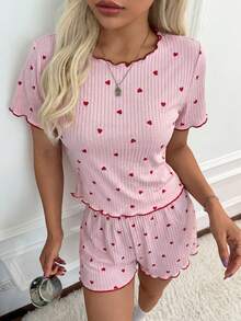 New Ribbed Heart Print Large Scoop Neck Short Sleeve Long Pants & Shorts 3 PiecesPajama Set For Women - Pink - View 3