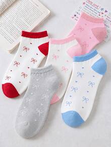 1/5 pares de calcetines de mujer de corte bajo de unicolor con lazo y corazón, suaves, cómodos, transpirables y de estilo escolar, adecuados para uso diario - Multicolor - Ver 4