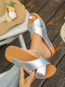 Women's Cross Strap Wooden Color Sandals Comfortable Minimalist Vacation Beach Home Daily Summer Silver Open Toe Slide Sandals - Silver PU - View 3