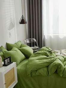 Solid Green Skin-Friendly Brushed Duvet Cover Set 3pcs (1*Duvet Cover + 2*Pillowcases, No Filling), Machine Washable, All Seasons, Suitable For Bedroom, Soft And Comfortable - Green - View 10