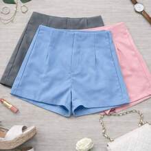 Set Of 3 Women's Tailored High-Waisted Dress Shorts, Elegant, Casual, Summer Fashion, Work, Office - 淺藍色/淺粉紅色/灰色 - 查看 1