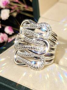 1pc Exquisite Fashion Cubic Zirconia Ring, Women's Valentine's Day Gift, Suitable For Wedding, Engagement, Anniversary, Party And Other Occasions - Silver - View 6