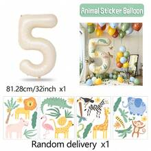 32 Inch Cream 0-9 Number Balloon Set With Jungle Animal Stickers, Large Foil Balloons, Suitable For Children's Adventure Activities, Birthday Party Decorations, Wildlife Theme Party, Wedding, Birthday, Bachelor Party, Bachelorette Party And Other Jungle Animal Theme Parties. - Sticker Version - Milky White - View 17