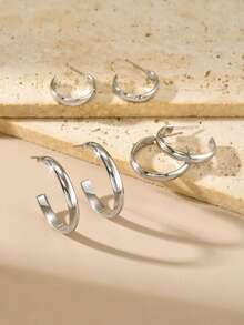 6pcs/Set Women's Stainless Steel Geometric Design C-Shaped Hoop Earrings Set, Suitable For Daily Wear - 1622 - View 6