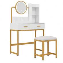 Modern Dressing Table / Fashionable Dressing Table / Rotating Mirror – Incl. Stool & Gold Metal Legs / Plenty Of Storage Space: 2 Drawers + 2 Open Shelves / White, Dimensions: 80*138.5*40 Cm - White+Gold - 查看 7