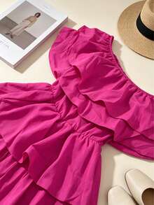 1pc Solid Color Ruffle/Frill Twist Multi-Layered Off-Shoulder Jumpsuit, Suitable For School, Party, Stage, Concert, All Seasons Summer - Hot Pink - View 5