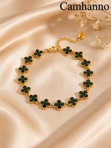 Camhanno 1pc European And American Luxury Style Stainless Steel 18K Gold Plated Four-Leaf Clover Rhinestone Bracelet, Multiple Color Rhinestones Available, Non-Fading, Delicate Chain, Versatile For Commute, Women's Jewelry Gift For Best Friend, Daily Accessory - Gold 2 - View 4