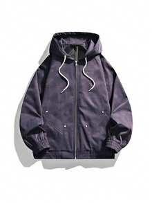 Modcrash Men's Vintage Purple Oversized Zip-Up Hoodie Jacket, Drawstring Hood, Rivet Pockets, Bomber Style Sweatshirt Outerwear, Couple Gift Fall/Autumn/Winter - Purple - View 6