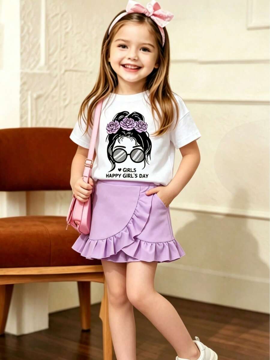 Conjunto de blusa de manga corta y falda con estampado de dibujos animados para niña pequeña - Morado - Ver 1