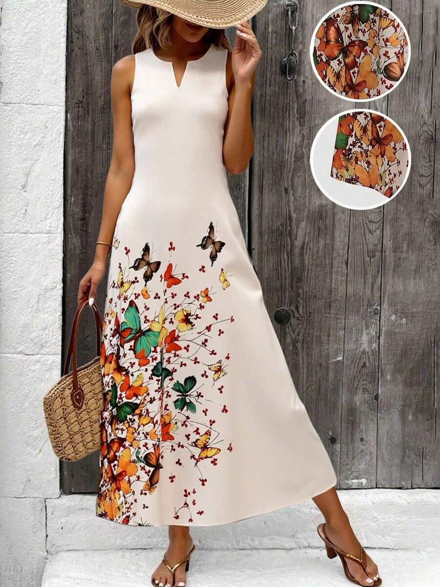 largo de mujer de estilo casual de verano con estampado de mariposas y cuello con muesca sin mangas - Beis - Ver 1