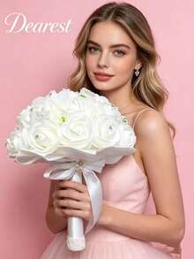 Luxury White Artificial Rose Bridal Bouquet, Crystal Decor Wedding Ceremony Photo Prop - 1PC - View 5