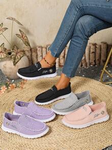 Zapatos deportivos casuales para mujer de lona lavada con bordado floral, zapatos de moda retro de empeine bajo, sin cordones, para ir al trabajo y caminar - Gris - Ver 8