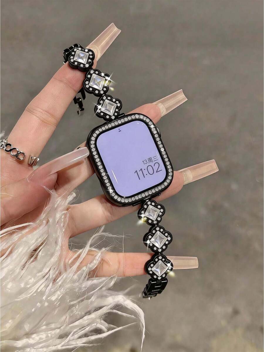 Huastonband 女款黑色手鍊錶帶，適用於 ，時尚鑲鑽奢華花卉設計金屬不鏽鋼腕帶，相容 38/40/41/42/44/45/46/49mm 系列 Ultra/SE/S11/S10/S9/S8/S7/S6/S5/S4/S3/S2，優雅夏季女用珠寶海灘配件