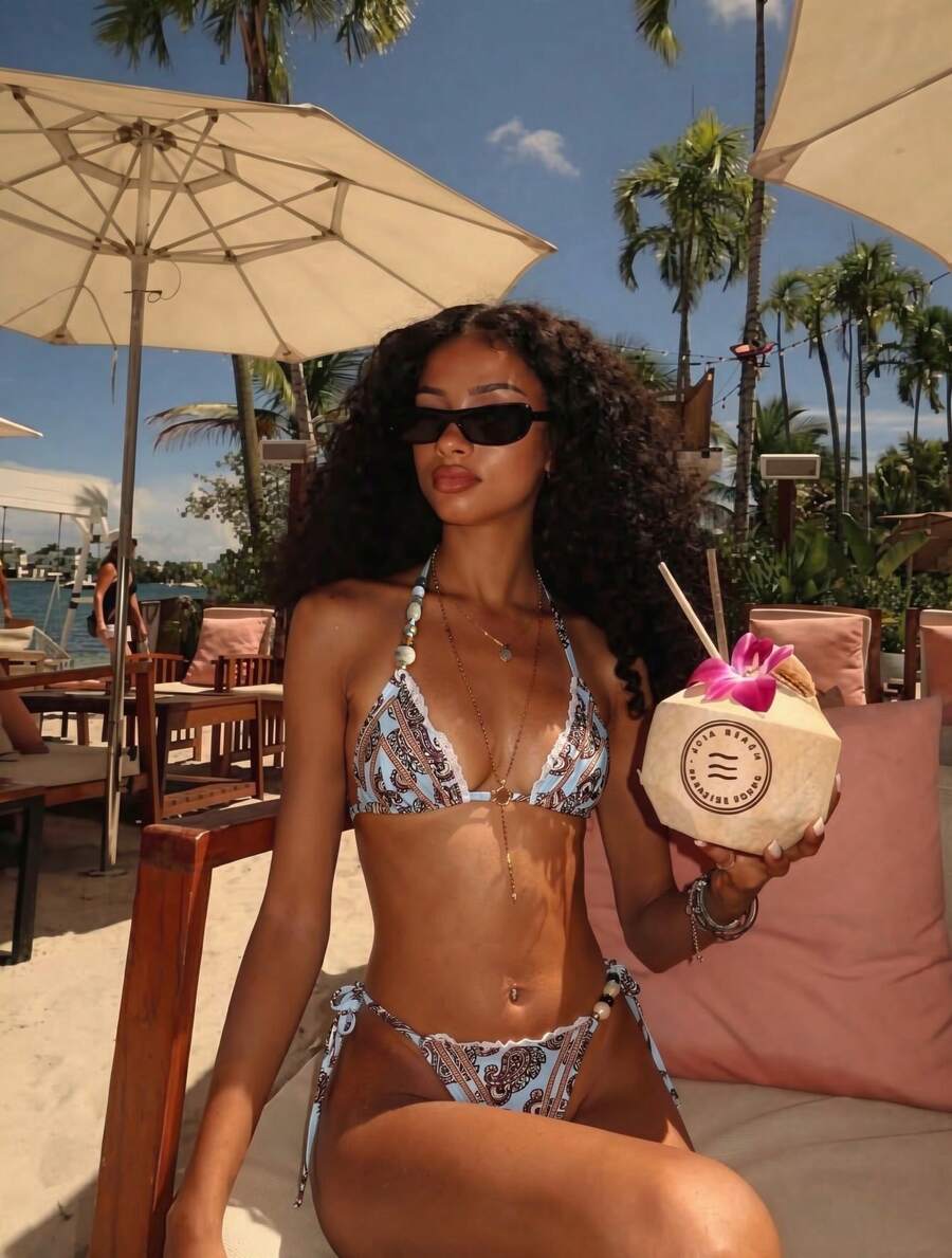 Summer Women's Retro Printed Beaded Bikini Two Pieces Set, Beach Vacation Party Sexy, Fashionable, Elegant And Casual Swimsuit Set - Multicolor - View 1