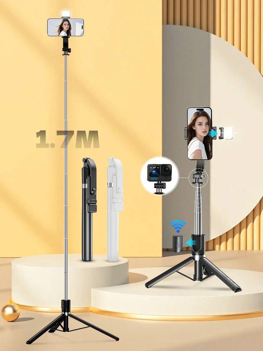 This 1.7m Long Selfie Stick Features A Retractable Design And Can Be Integrated With A Smartphone Tripod. Equipped With An LED Flash, 360-Degree Rotation, And A Wireless Remote Control, It's Perfect For Travel Use.