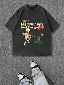 Camiseta de verano informal para hombres talla, con cuello rasgado y estampado inglés con corazón, cuello redondo lavado - Negro - Ver 1