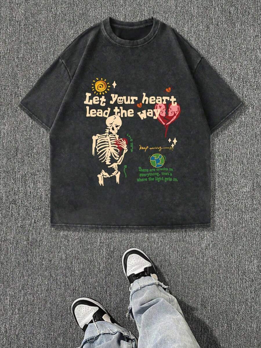 Camiseta de verano informal para hombres talla, con cuello rasgado y estampado inglés con corazón, cuello redondo lavado - Negro - Ver 1