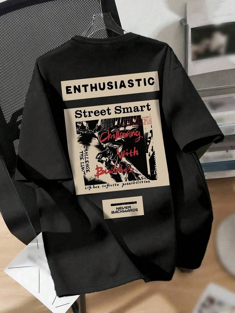 Nueva Llegada: Camiseta de Manga Corta, Estilo Moderno, Estampada, Cuello Redondo, Hombros Caídos, Talla Grande, 1 pieza - Negro - Ver 1
