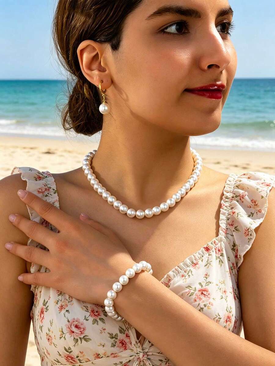4pcs/1pc/1 Pair Luxury Faux Pearl Jewelry Set Necklace Bracelet Earrings Vintage French Style Collarbone Chain Minimalist Elegant Women Accessories For Daily Commute Date Evening Party Wedding Versatile - White - View 1