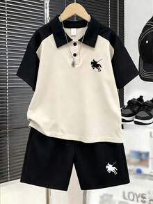 Setelan 2 Potong Kemeja Polo Raglan Colorblock untuk Remaja Laki-Laki, Celana Pendek Olahraga, Pakaian Musim Panas dan Gugur untuk Kampus. Cocok untuk Remaja Sekolah, Pakaian Kembali ke Sekolah. - MultiWarna - View 1