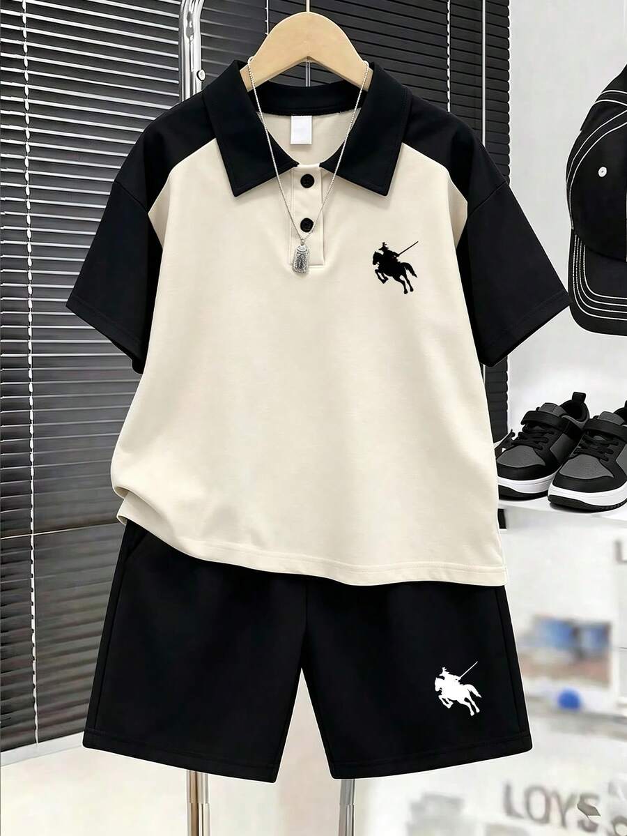 Setelan 2 Potong Kemeja Polo Raglan Colorblock untuk Remaja Laki-Laki, Celana Pendek Olahraga, Pakaian Musim Panas dan Gugur untuk Kampus. Cocok untuk Remaja Sekolah, Pakaian Kembali ke Sekolah. - MultiWarna - View 1