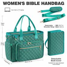 2pcs Large Bible Bag With Bible Cover Case For Women, Quilted Church Tote Bag Bible With Strap, Bible Study Supplies Journaling Kit Bible Accessories Christian Gifts, Portable Christian Book Bag For Church & Bible Study Travel Essentials - Lake Green - View 2