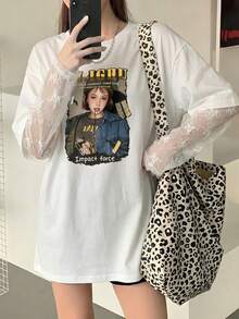 星河女孩个性化照片印花蕾丝拼接长袖圆领宽松针织白色女式上衣性感约会春夏休闲 - 白色 - 查看 1