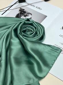 1pc Solid Color Women's Square Scarf, Fashionable Plain Silk Scarf, Versatile Headband, Waist Belt, Bag Strap, Multi-Functional Scarf - Bean Green - View 7