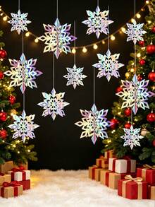 18 pièces Décorations de flocons de neige suspendus irisés, Guirlande de flocons de neige en papier 3D pour Noël, Décoration de fond pour fête de Noël, Ornements de flocons de neige suspendus, Décorations de Noël, Décoration de plafond, Décoration de fête d'hiver, Décoration de fond pour fête d'anniversaire thème Frozen, Décoration de mariage, Accessoires photo pour fête de Noël, Fournitures pour fête de Noël, Cadeaux de Noël, Décorations du Nouvel An - Argent irisé - Voir 2