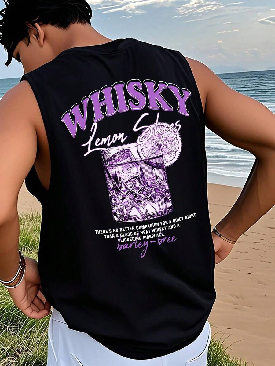 Chaleco Hombre Deportivo Casual Estampado Inglés y Zumo, Playera Sin Mangas Cuello Redondo para Gimnasio - Negro - Ver 1