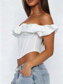 Apperloth A Elegant White Strapless Corset Top, Cold Shoulder Ruffle Trim, Lace-Up Back Design, Boning Structure, Summer Style - White - View 4