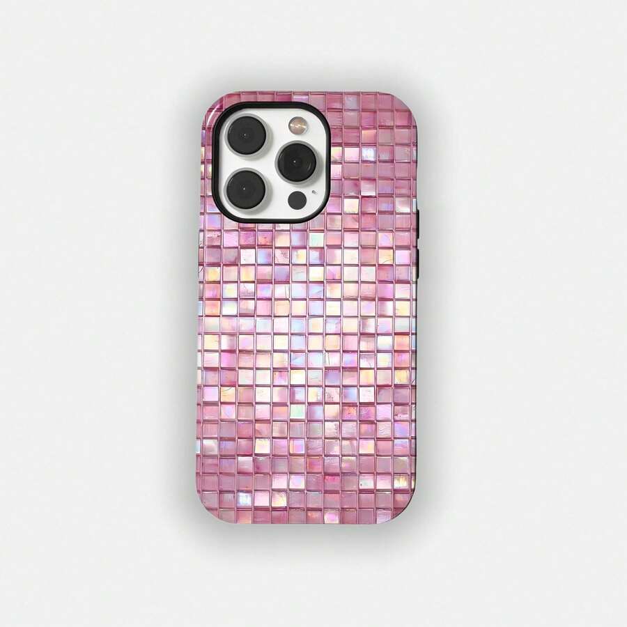 Una elegante funda para teléfono que no incluye cordón ni soporte. Funda para teléfono con diseño de mosaico de rejilla morada, os de rejilla a la moda, textura de vidrio artístico, compatible con 17 16 15 14 Pro Plus 13 12 11 Spring. - Rosa - Ver 1