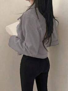 女士休闲纯色仿麂皮绒领拉链短外套，春秋冬季 - 灰色 - 查看 6