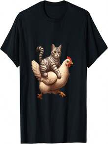 Chicken Shirt For Riding A Cat, Funny Chicken T-Shirt With Funny Letter Print - Black - View 1