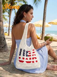 Women USA Flag Knit Mesh Tote Bag, Hollow Out Crochet Beach Bag Large Capacity Shoulder Handbag For Summer Vacation Travel Grocery Shopping - Beige - View 3