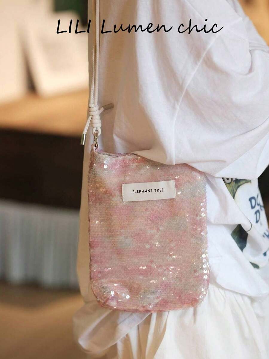 Adorable Sequin Shoulder Bag With Dreamy Gradient Pink Pearlescent Design, Sparkling Under Light. Compact Design And Adjustable Drawstring Strap Make It Ideal For Carrying Essentials, While Playful Sequins Add A Touch Of Fun To Casual Outfits, Holiday Looks, Or Night Outings. - Pink - View 1