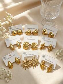 18Pcs Stainless Steel Earrings Set, Gold Cartoon Heart Teardrop Studs, Ins Style Random Mix, Gift For Friends & Students,Random Delivery - Multicolor - View 3