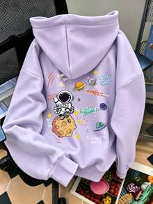 Plus Size Galaxy Star Print Lightweight Hoodie, Casual Long Sleeve Pullover With Pockets, Suitable For Autumn/Winter, Plus Size Women's Clothing, Perfect For Daily Wear, Outings, Parties, School, Music Festivals, Vacations, Commuting. Can Be Given As A Gift To Family, Boyfriend, Girlfriend, Friends, A Must-Have Winter Item For Girls. - Mauve Purple - View 3