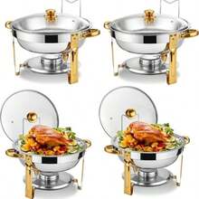 Juego de 4 piezas de Chafing Dish para Buffet, Plato Calentador Redondo para Buffet, Calentador de Alimentos de Acero Inoxidable de Alta Calidad, Adecuado para Fiestas, Reuniones Navideñas, Bodas y Servicios de Catering - Ver 10