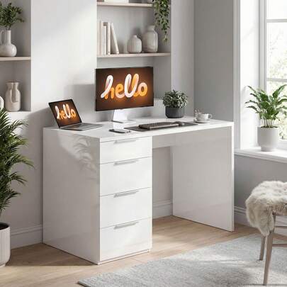 Computer Desk, Drawers, Particle Board, For Home Office, Study Room And Workstation, White, 110 X 61.5 X 75 Cm