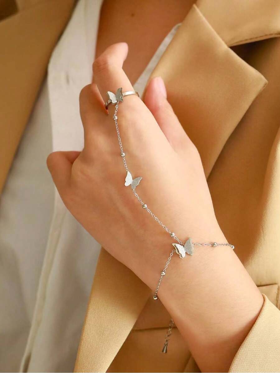 1pc Stainless Steel Matte Butterfly Charm Bracelet Finger Chain Jewelry Set (Random Bead Quantity) - Silver - View 1