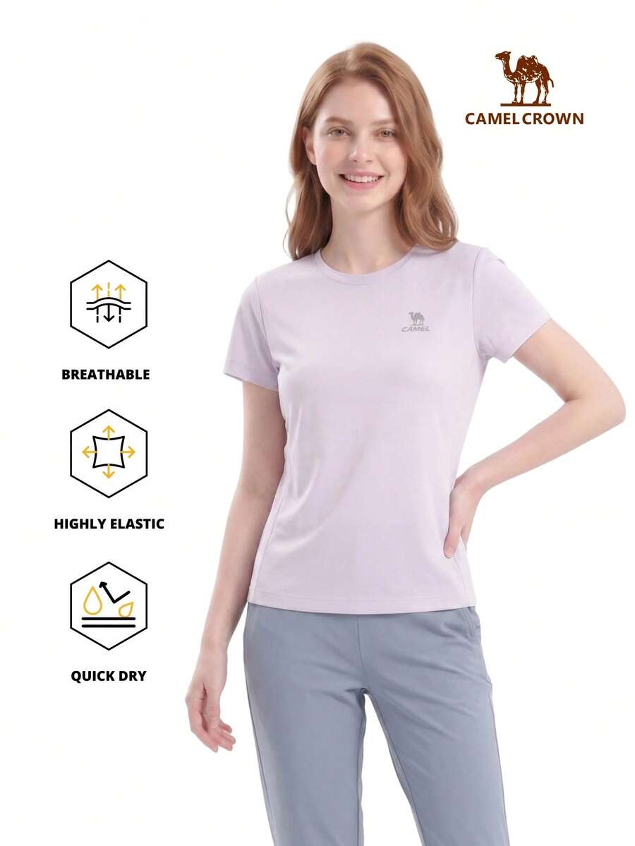 CAMEL CROWN Áo thun thể thao ngoài trời nữ, áo ngắn tay, thoải mái thoáng khí nhanh khô, phù hợp cho tất cả các mùa xuân và hè - Sao và Trăng Tím - Xem 1