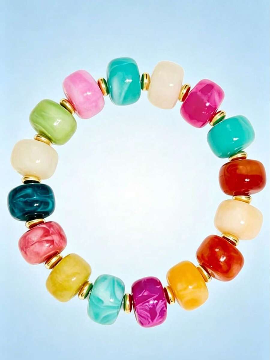 1pc Women's Colorful Acrylic Bead Elastic Thick Bracelet Bohemian Style Summer Beach Vacation Jewelry - Multicolor - View 1