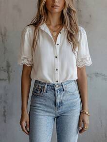 Women's White Button-Front Shirt With Contrast Lace Short Puff Sleeves, Shirt Collar, Regular Length Polyester Blouse Summer - White - View 7
