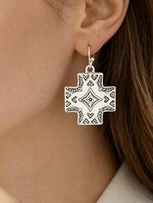 1 Pair Western Cross Geometric Totem Distressed Earrings, Vintage Personalized Minimalist Earrings - Antique Silver - View 3